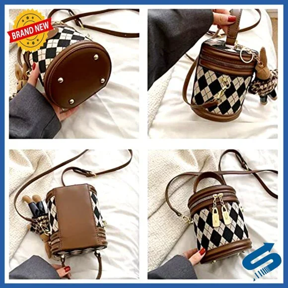 Quilted Faux Leather Satchel Crossbody Bag with Bunny Pendant - Picture 5 of 7